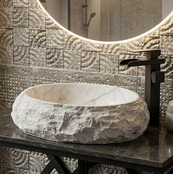 BASSINO Stone Finish Table Top Basin – 19″ x 14″x 6" Matte Designer Artifical Countertop Wash Basin