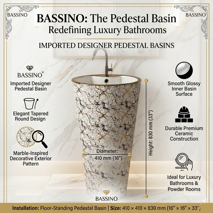 BASSINO Imported  marble-inspired exterior Designer Pedestal Basin 16″ × 16″ × 33" IN