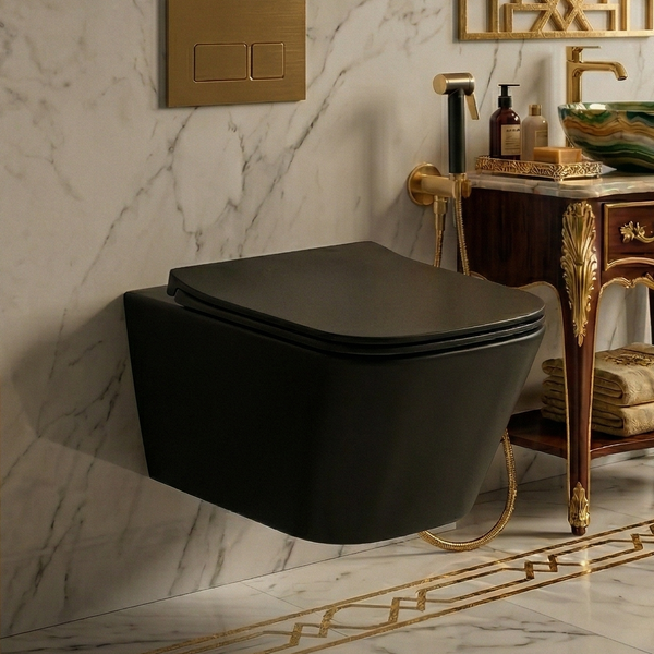 Bassino Full Matt Black Wall Hung Toilet – Rimless WC with UF Seat Cover | 20.5 x 13.5 x 14 Inches