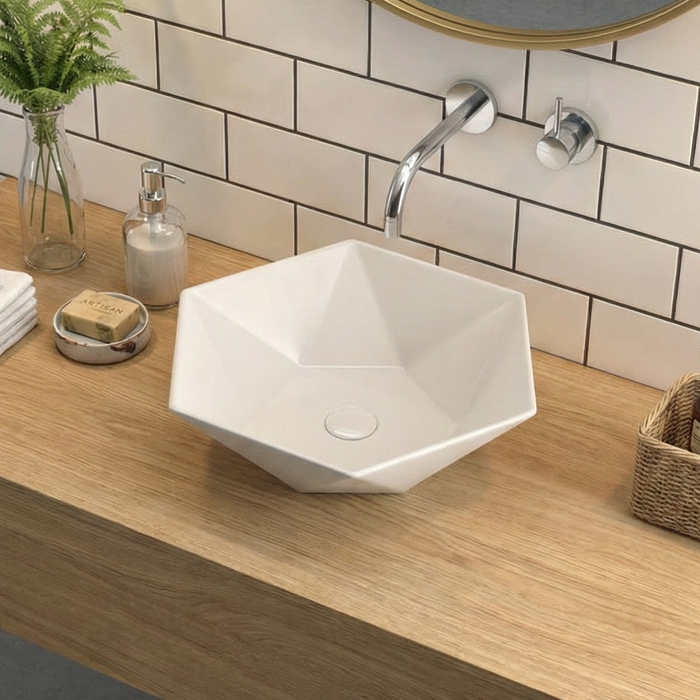 Premium Hexagonal Geometric Design Ceramic Table Top Basin (PRIZM) (480x420x125 mm)