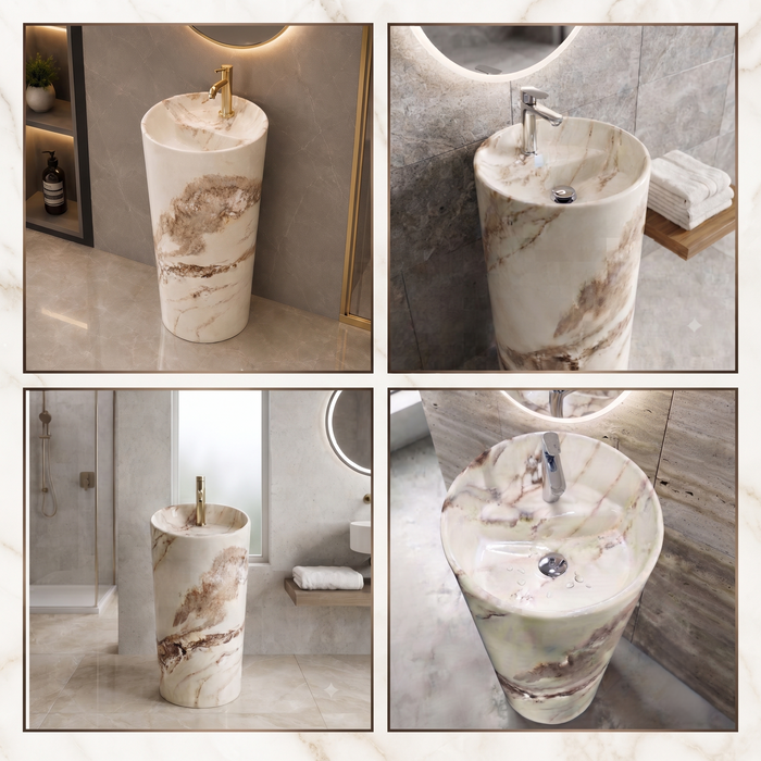 Bassino 15″ Round Ivory Marble-Effect Ceramic Pedestal Wash Basin – Glossy Finish (15″ × 15″ × 33″)