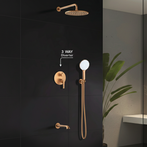 BASSINO Luxury Concealed Shower Set with Rain Shower, Hand Shower & Spout - 5 Years Warranty Brushed Rose Gold
