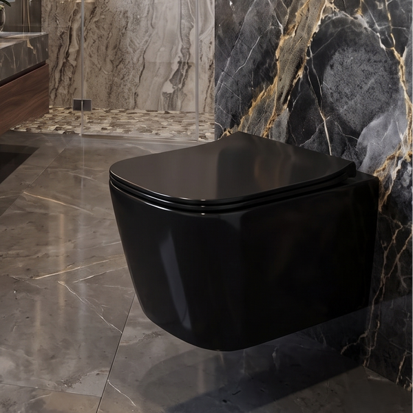 Bassino Wall Hung Toilet – Glossy Black | 20.5 x 13.5 x 14 Inches Modern WC