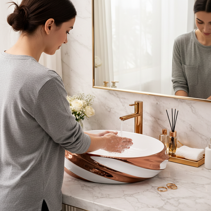Luxury Oval Table Top Wash Basin | Glossy White Basin with Rose Gold Design (21″ × 13″ × 6″ IN) BTT-11717