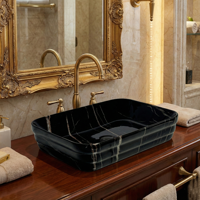 Glossy Marble Finish Rectangular Countertop Bathroom Sink Wash Basin (20" × 14" × 5" IN)