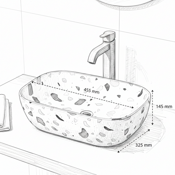 Premium Ceramic Table Top Wash Basin, White Terrazzo Marble (18 × 13 × 6 In) BTT-1042