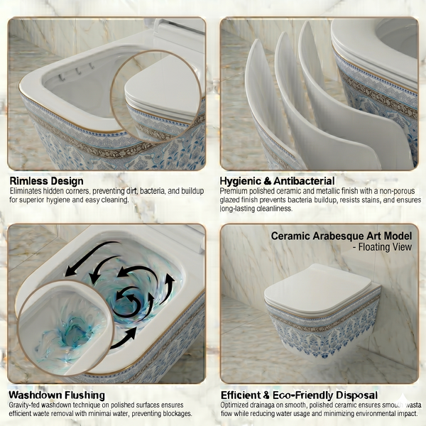 Bassino Wall Hung Toilet (21 x 13 x 14 Inches) – Designer Floral Pattern Finish | Luxury Wall Mounted WC