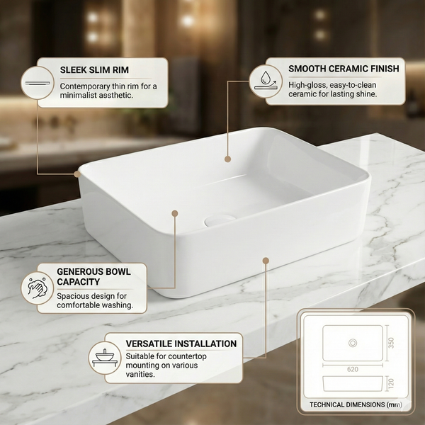 Premium Table Top Ceramic Spacious Vessel Basin (CRYSTA) (620x350x120 mm)
