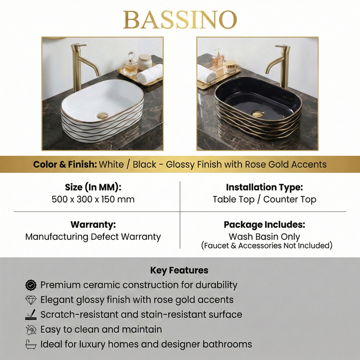 Premium Designer Ceramic Table Top Wash Basin, Rose Gold detailing Glossy finish (20 x 12 x 6 In) ZXTT/746/747