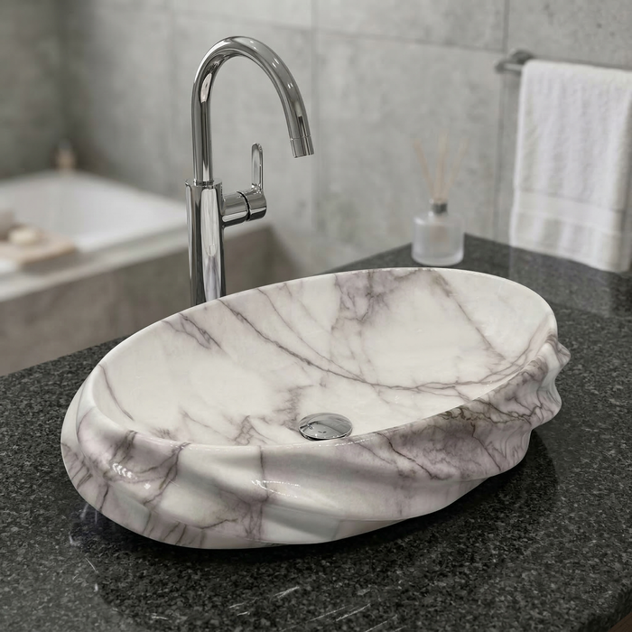 Glossy Marble Oval Countertop Wash Basin – (21" × 13" × 6" IN)