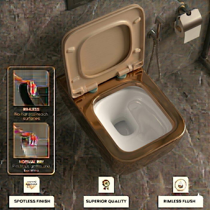 Bassino Wall Hung Toilet (21 x 13 x 14 Inches) – Rose Gold Rimless WC with UF Seat Cover | Luxury Designer Toilet