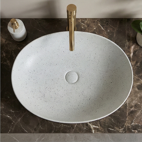 Terrazzo Matt White Countertop Wash Basin | Modern Oval Stone Sink (20″ × 16″ × 6″ IN)
