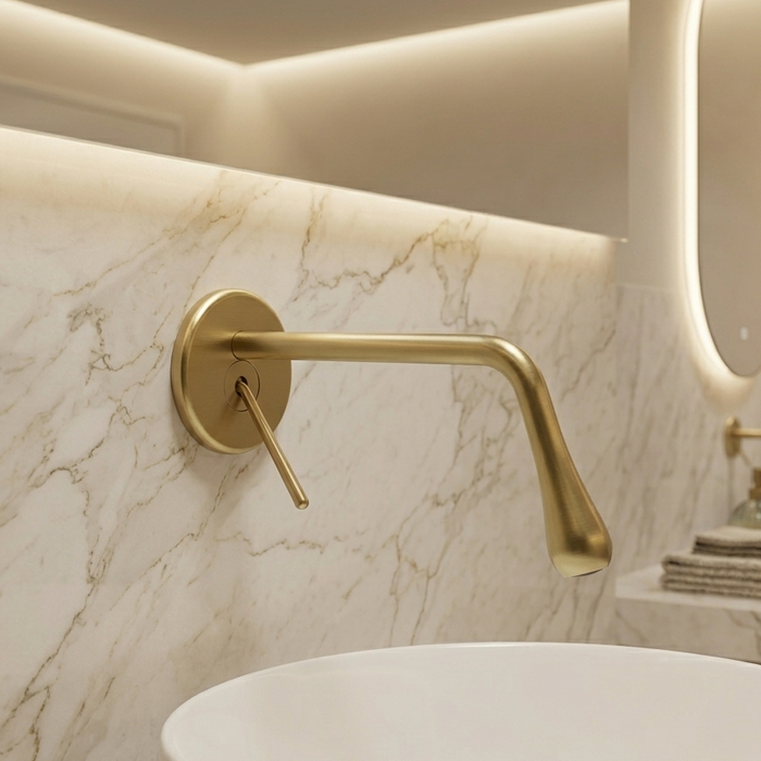 BASSINO Wall Mount Basin Mixer Tap | Brass Body | Modern faucet - 5 Years Warranty Brushed Gold