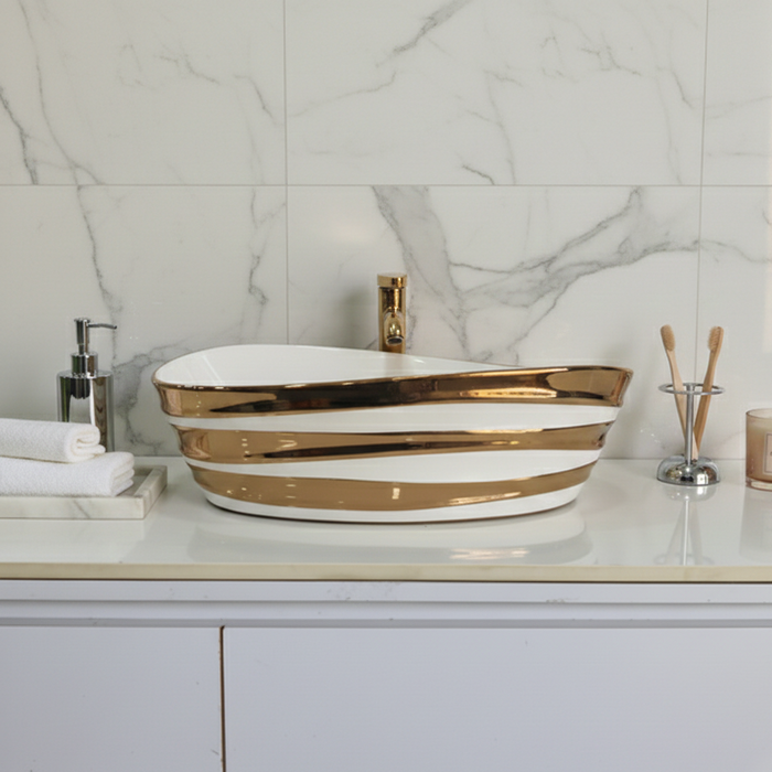 Premium Designer Ceramic Table Top Wash Basin, Black, Gold & Rose Gold Finish (22 x 14 x 6.5 In)