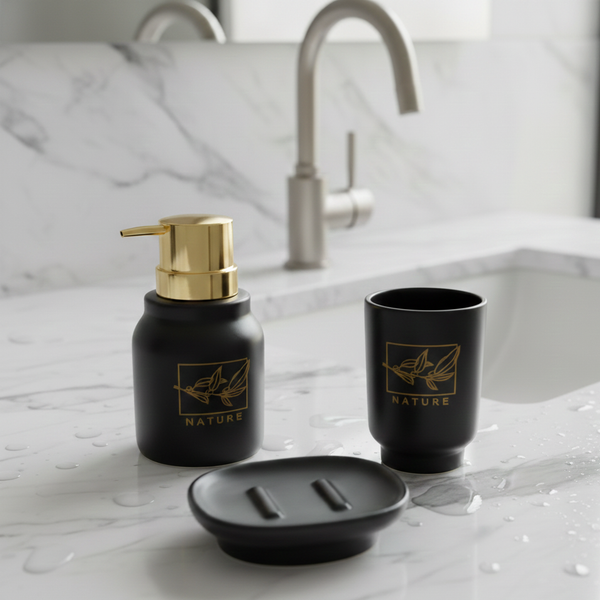 Ceramic 3-Piece Bathroom Accessory Set – Premium Gold Print Series Black