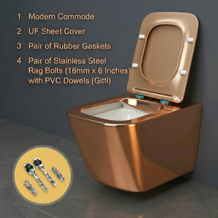 Bassino Wall Hung Toilet (21 x 13 x 14 Inches) – Rose Gold Rimless WC with UF Seat Cover | Luxury Designer Toilet