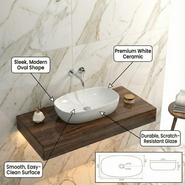 Premium Aesthetic Ceramic White Oval Table Top Basin (GLOSTER) (600x370x130mm)