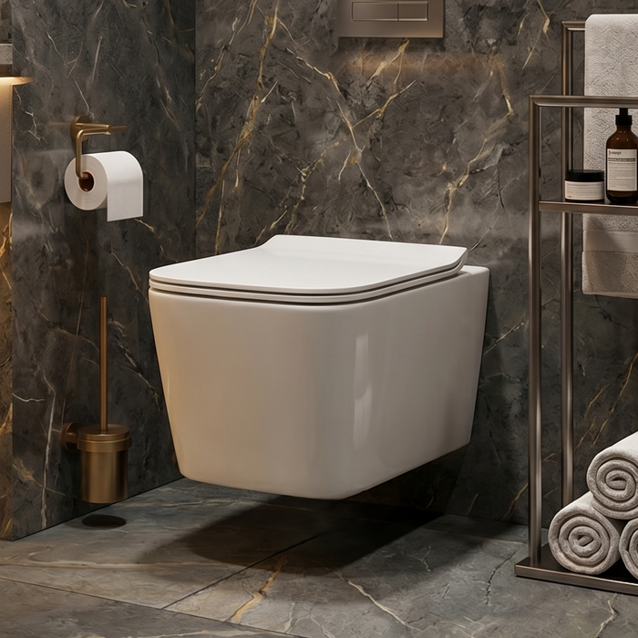 Bassino Wall Hung Rimless Toilet – White Glossy Finish with UF Seat Cover | Modern Compact WC | | 20.5 x 13.5 x 14 inches