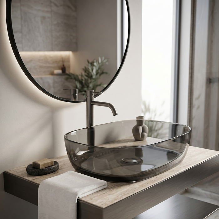 Bassino Modern Transparent Resin Wash Basin | Stylish Countertop Wash Basin for Bathroom–550x360x140 mm Black
