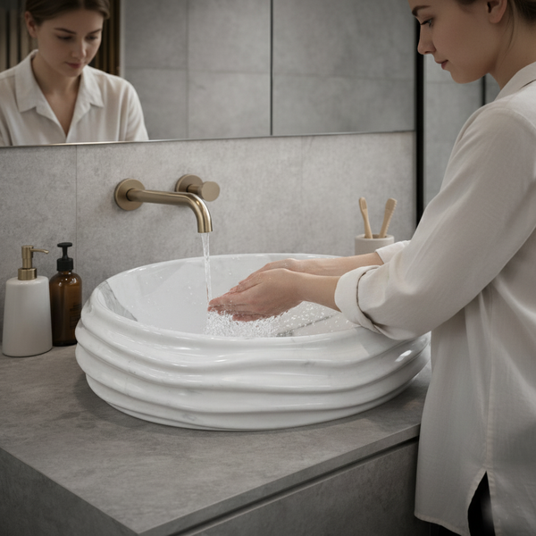 Glossy Marble Oval Countertop Wash Basin | (22" × 14.5" × 6.1" IN) Glossy Marble White