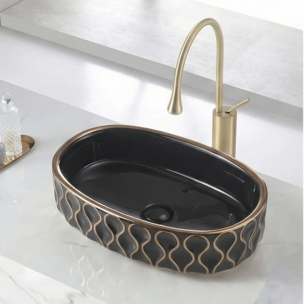 Premium Designer Ceramic Table Top Wash Basin, Gold & Black-Rose Gold Glossy (20 x 12.5 x 5.5 In) Black