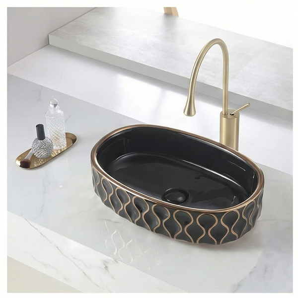 Premium Designer Ceramic Table Top Wash Basin, Gold & Black-Rose Gold Glossy (20 x 12.5 x 5.5 In) Black