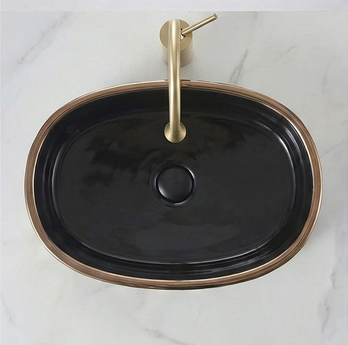 Premium Designer Ceramic Table Top Wash Basin, Gold & Black-Rose Gold Glossy (20 x 12.5 x 5.5 In)