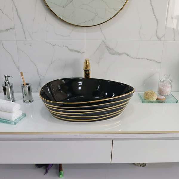 Premium Designer Ceramic Table Top Wash Basin, Black, Gold & Rose Gold Finish (22 x 14 x 6.5 In) Black