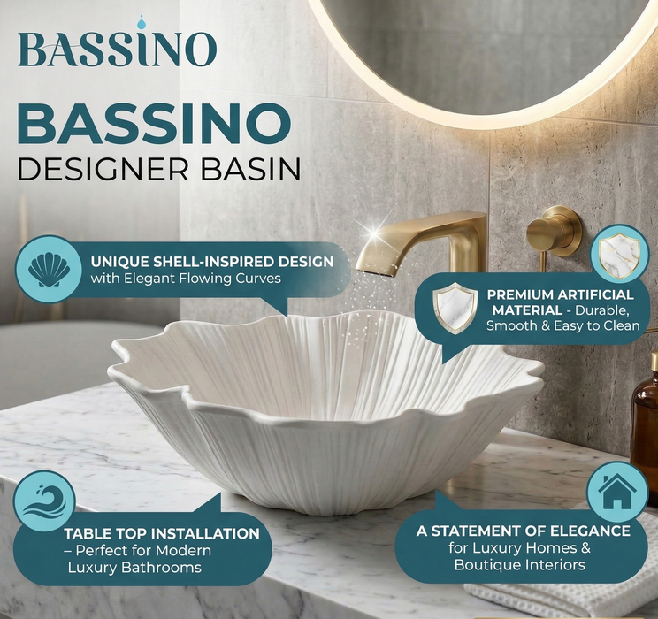 BASSINO Designer Artificial Table Top Basin – 18" Luxury Shell Shape Countertop Wash Basin