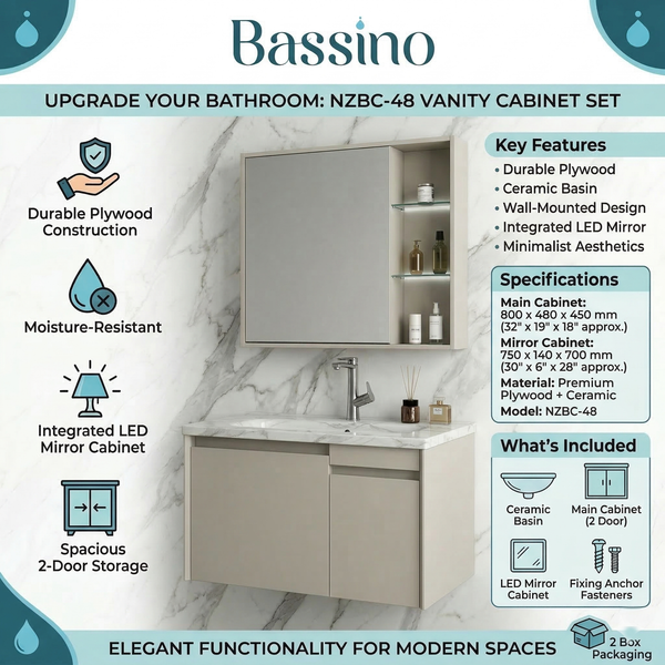 BASSINO Bathroom Vanity Cabinet Set – 32″ Wall Mounted Plywood Vanity with Ceramic Basin & LED Mirror Cabinet