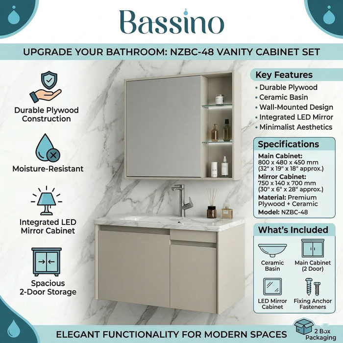 BASSINO Bathroom Vanity Cabinet Set – 32″ Wall Mounted Plywood Vanity with Ceramic Basin & LED Mirror Cabinet