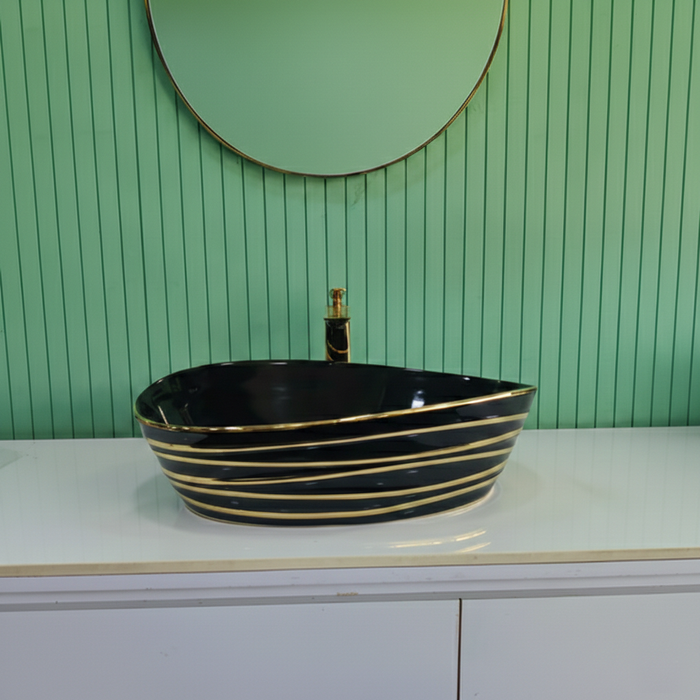Premium Designer Ceramic Table Top Wash Basin, Black, Gold & Rose Gold Finish (22 x 14 x 6.5 In)