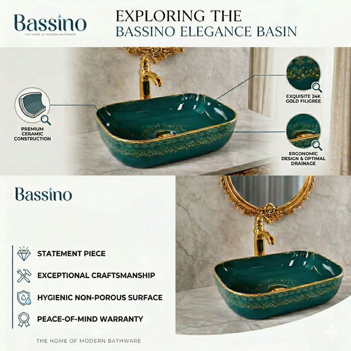 Green & Gold Designer Countertop Wash Basin | 18 × 13 × 5 Inch Luxury Bathroom Basin