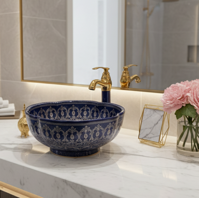 Designer Round Ceramic Wash Basin (Glossy Blue, Floral Art Design 16.5 x 16.5 x5 In- AB601)