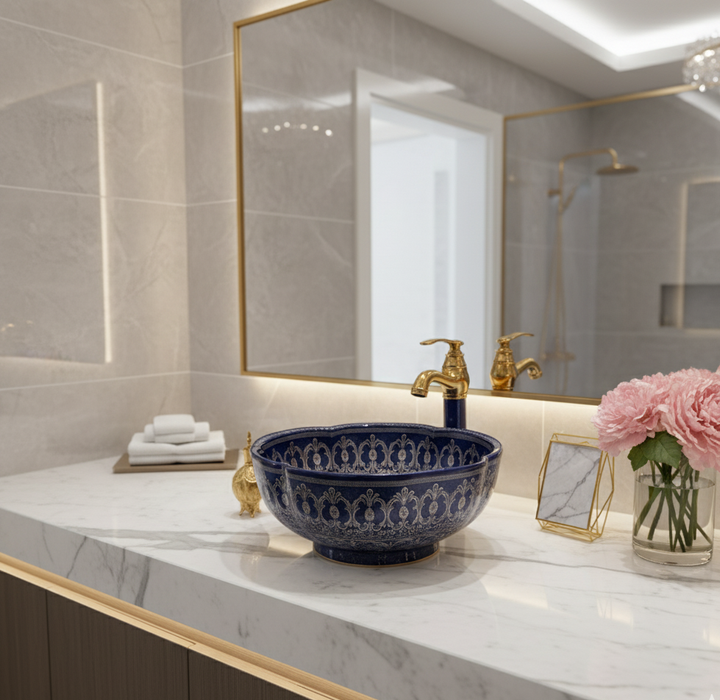 Designer Round Ceramic Wash Basin (Glossy Blue, Floral Art Design 16.5 x 16.5 x5 In- AB601)