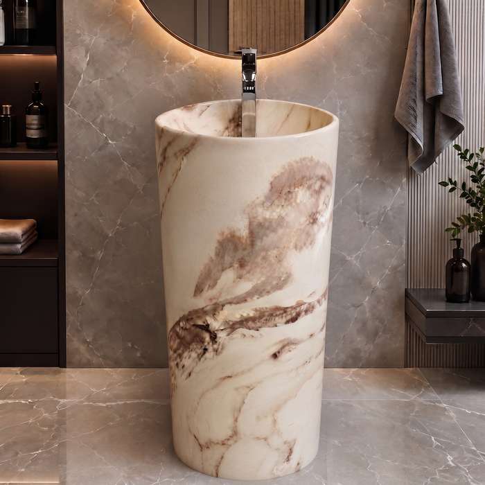 Bassino 15″ Round Ivory Marble-Effect Ceramic Pedestal Wash Basin – Glossy Finish (15″ × 15″ × 33″)