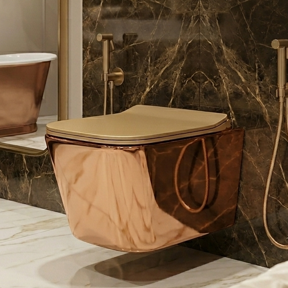 Bassino Wall Hung Toilet (21 x 13 x 14 Inches) – Rose Gold Rimless WC with UF Seat Cover | Luxury Designer Toilet