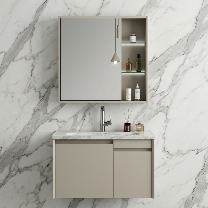 BASSINO Bathroom Vanity Cabinet Set – 32″ Wall Mounted Plywood Vanity with Ceramic Basin & LED Mirror Cabinet