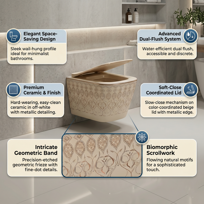 Bassino Wall Hung Toilet (21 x 13 x 14 Inches) – Satin Khakhi Moroccan Finish Rimless WC with UF Seat Cover