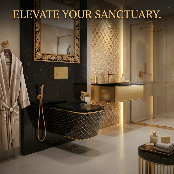 Bassino Black & Gold Designer Wall Hung Toilet – Rimless WC with UF Seat Cover | Luxury Modern Bathroom | 20.5 x 13.5 x 14 inches