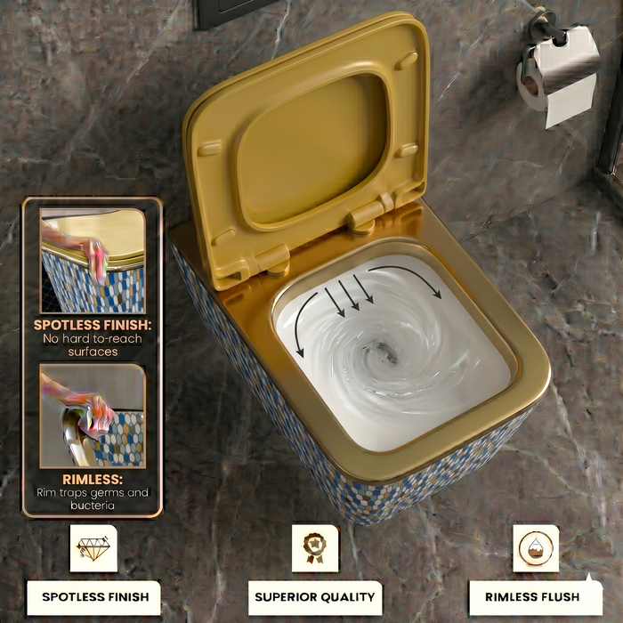 Bassino Designer Wall Hung Toilet (20.5 x 13.5 x 14 Inch) | Golden UF Seat Cover Rimless WC | Modern Commode