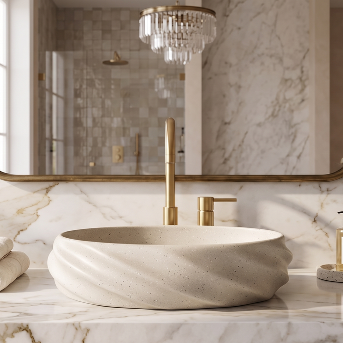 Terrazzo Matt Oval Countertop contemporary Wash Basin (21″ × 13″ × 6″ IN) Beige