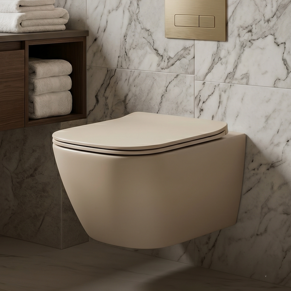 Bassino Wall Hung Toilet (21 x 13 x 14 Inches) – Matte Ivory Rimless WC with Tornado Flushing | Modern Designer Toilet