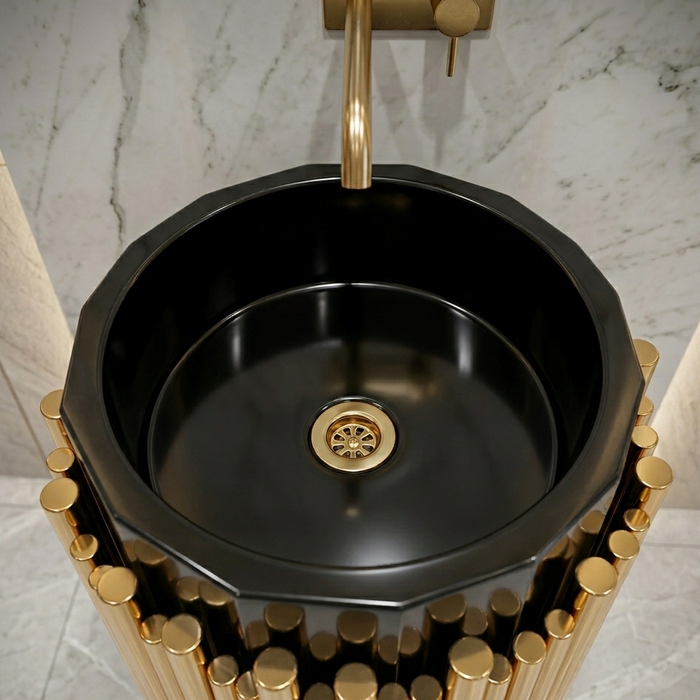 BASSINO Royal Fluted Black & Brushed Gold Pedestal Basin Black