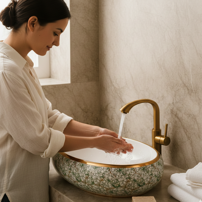 Premium Ceramic Wash Basin (Rose Gold Rim & Artistic Pattern 24 x 16 x 6 In - AB001)