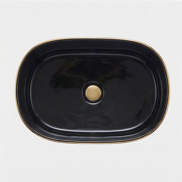 Premium Designer Ceramic Table Top Wash Basin, Rose Gold detailing Glossy finish (20 x 12 x 6 In) Black
