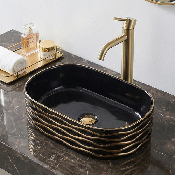 Premium Designer Ceramic Table Top Wash Basin, Rose Gold detailing Glossy finish (20 x 12 x 6 In) Black