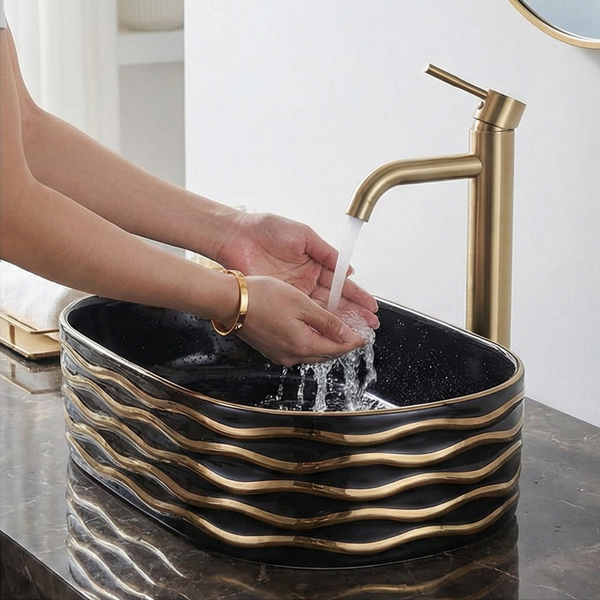 Premium Designer Ceramic Table Top Wash Basin, Rose Gold detailing Glossy finish (20 x 12 x 6 In) Black