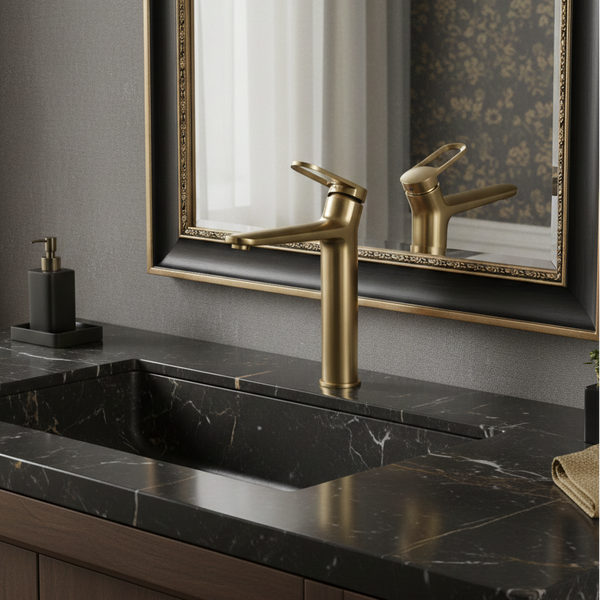 Premium Brass Tall Basin Mixer Tap – Brushed Gold Finish Tall Size (NCGF 502) – 5 Years Warranty