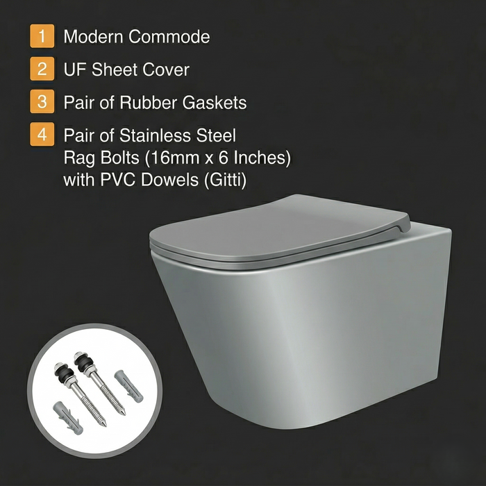 Bassino Full Matt Grey Wall Hung Toilet – Rimless WC with UF Seat Cover | 20.5 x 13.5 x 14.2 Inches